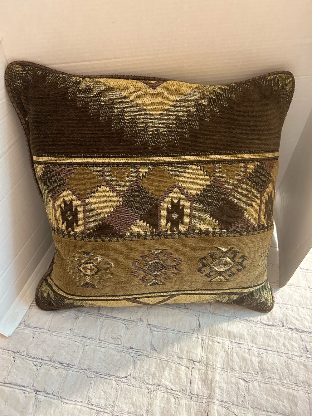 BOHO AZTEC EMBROIDERED BROWN/TAN GOLDEN RUST LARGE THROW PILLOW TEXTURE BACK